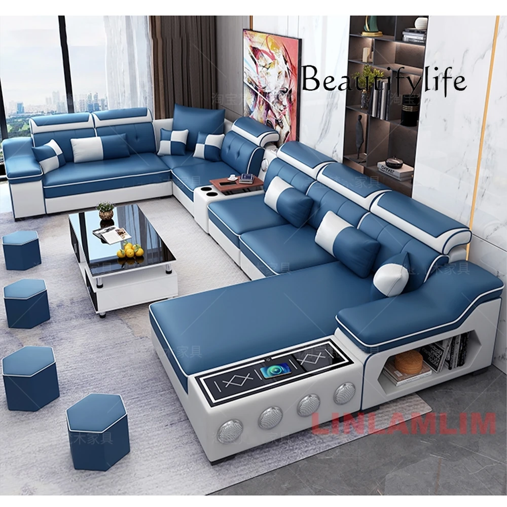 MANBAS Modern Scientific Cloth Sectional Sofa Set with Chaise Lounge, Bluetooth Speakers, and USB Charging Ports for Living Room