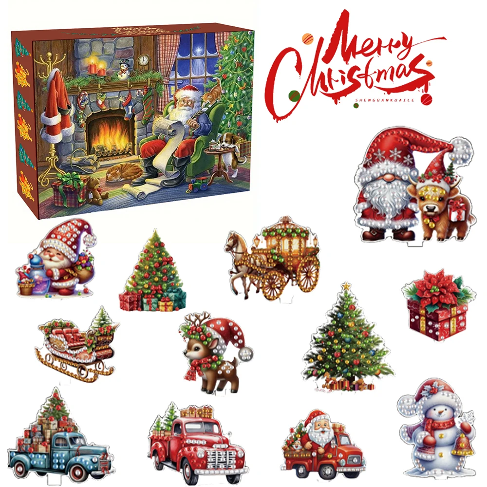 

12pcs Christmas Advent Ornament Kits Acrylic Diamond Painting Gift Box Kit Wooden Diamond Painting Wall Decors for Party Favors