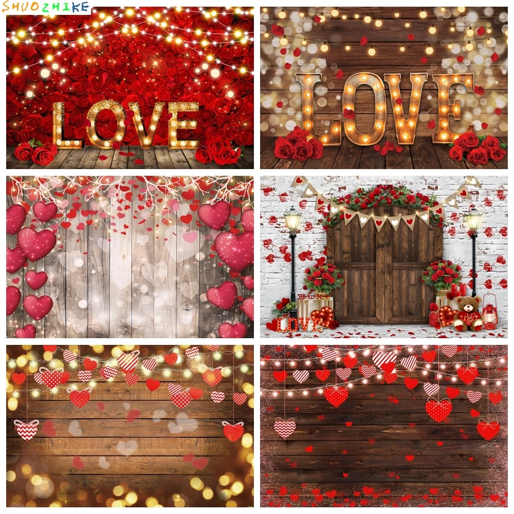 

Valentine's Day Backdrop Glitter Rustic Wood Red Love Heart Bridal Shower Party Wedding Photography Background Decor Photostudio