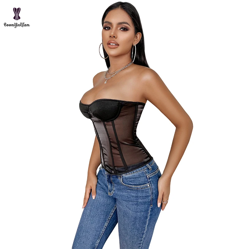 Black Translucent Bustier Curvy Waist Body Shapers Plus Size S-XXXL Slimming Corselet Mesh Overbust Corset With Bra Padded