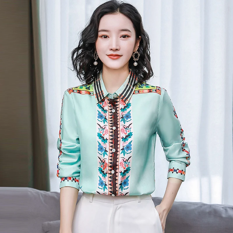 여성용 셔츠 긴 소매 새로운 능직 세련된 복고풍 프린트 탑 여성용