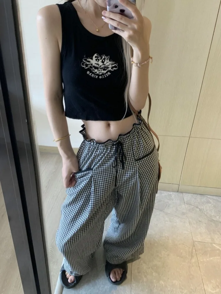 Pantalon à carreaux baggy vintage pour femme, salle de bain, salle de bain, salle de bain, salle de bain, salle de bain, U, Y2K, mode coréenne Harajuku, style japonais, streetwear, décontracté, surdimensionné, fjgy