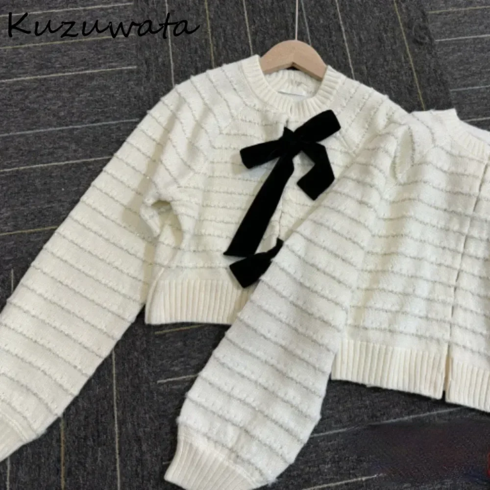 Kuzuwata Minority Small Fellow O Neck Long Sleeve Cardigan Femme Velvet Bow Knit Sweaters Japan Lace Up Stripe Elegant Jumper