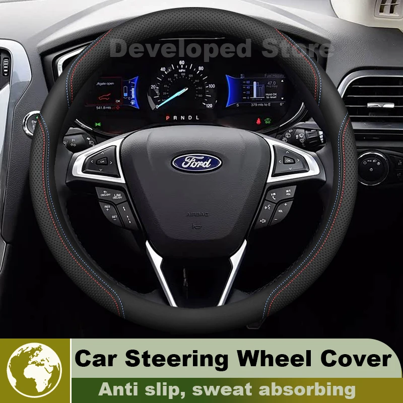 Round Leather Car Steering Wheel Cover For Ford Fiesta MK5 MK6 MK7 2008-2021 Auto Steering Wheel fit Ford Galaxy CK Accessories