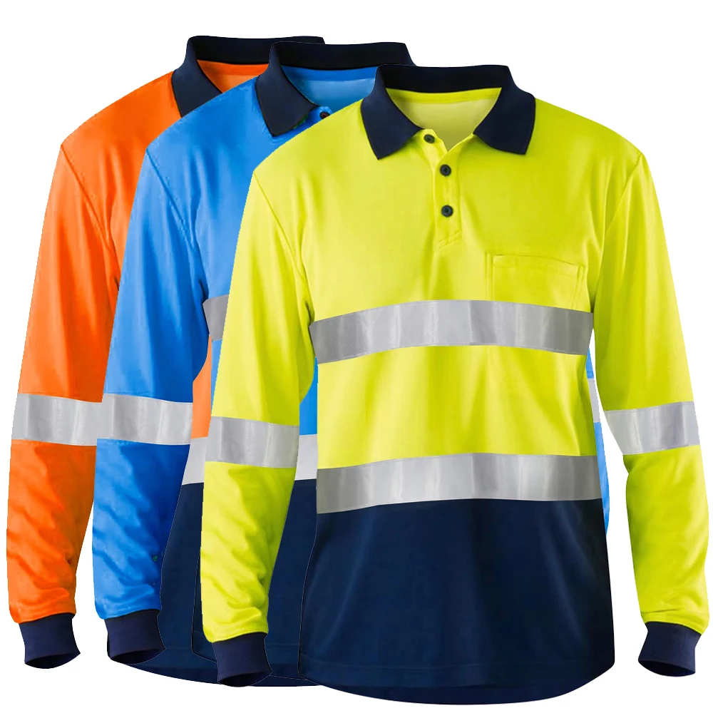 Two Tone Long Sleeve Blue Safety Shirts High Visibility Reflective Shirts With Pockets Hi vis work shirts Workwear