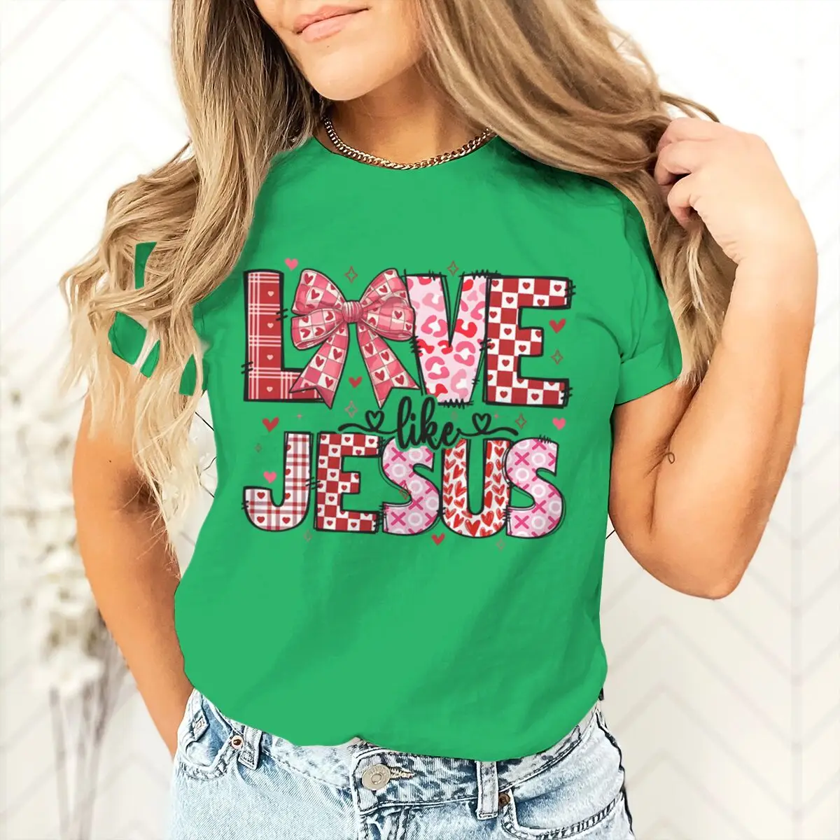Camiseta de manga corta cristiana de San Valentín, camiseta gráfica Love Like Jesus, regalo cristiano para mujer, Tops informales con lazo coqueta de San Valentín