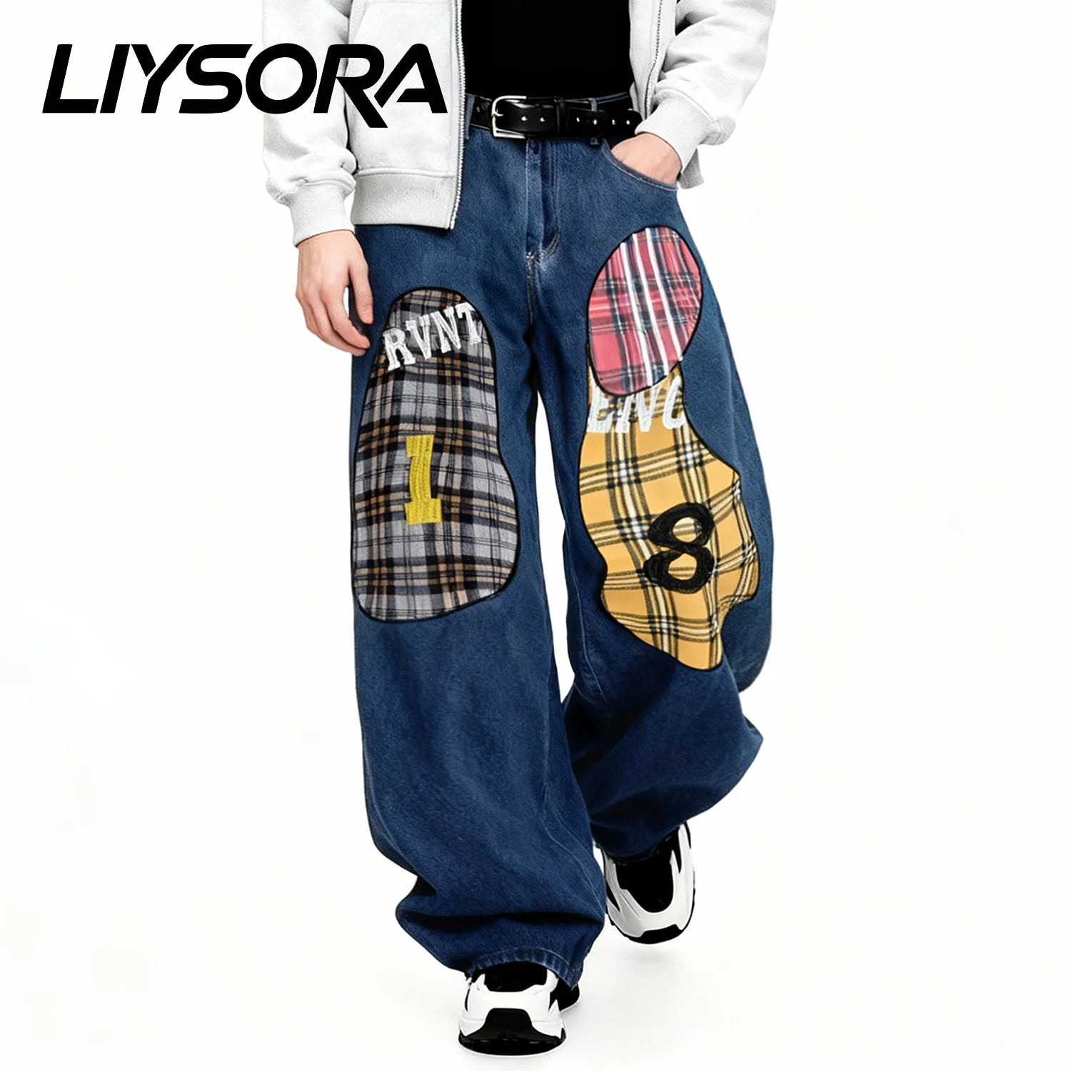 الرجال الموضة الأزرق الرجعية فضفاض واسعة الساق الجينز الكورية الشارع منقوشة التصحيح النسيج العصرية العلامة التجارية فضفاض الدنيم السراويل للجنسين الملابس #6