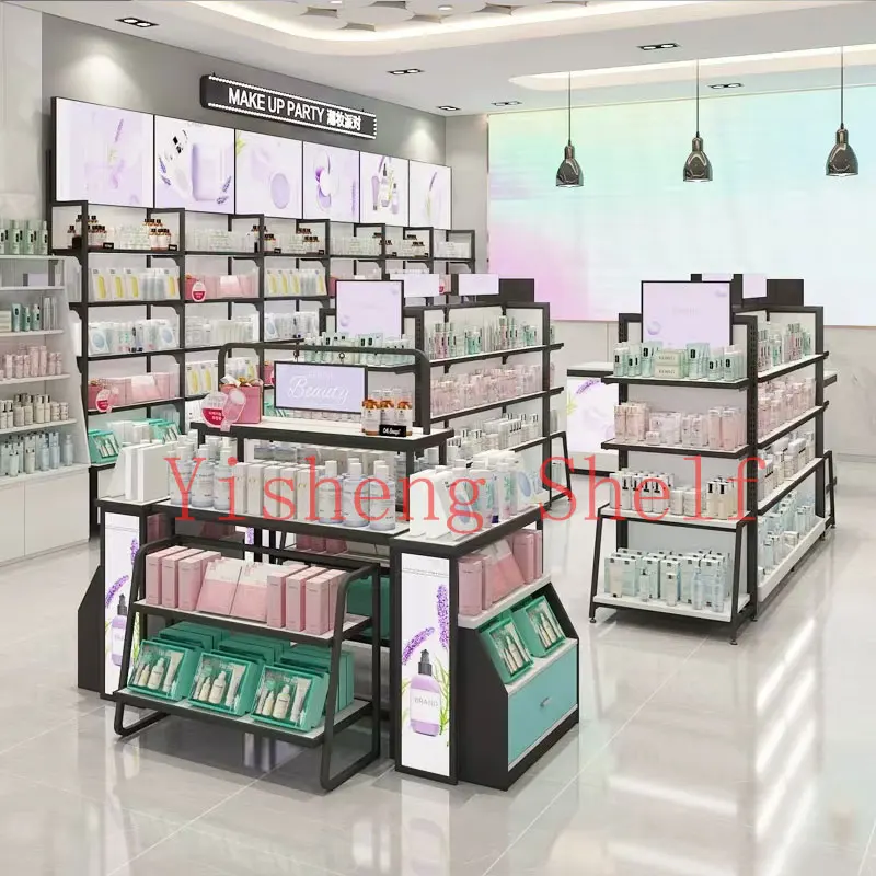 Custom.New Design الثقيلة لامع سوبر ماركت مستحضرات التجميل الرف ماكياج عرض موقف الجمال العناية بالبشرة رف شاشة متجر البيع بالتجزئة