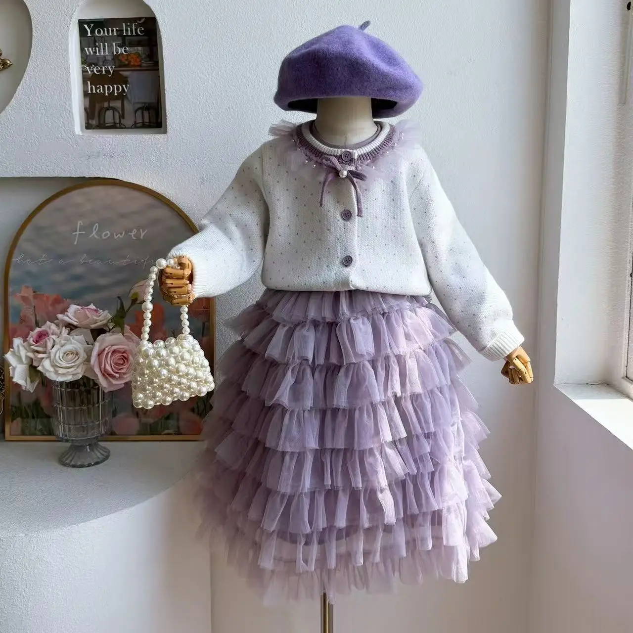 2026 ملابس الخريف للأطفال أنيق البولكا نقطة سترة متماسكة الفتيات طفل طويل الأكمام المرقعة تول المتدرج تنورة فستان الأميرة #1