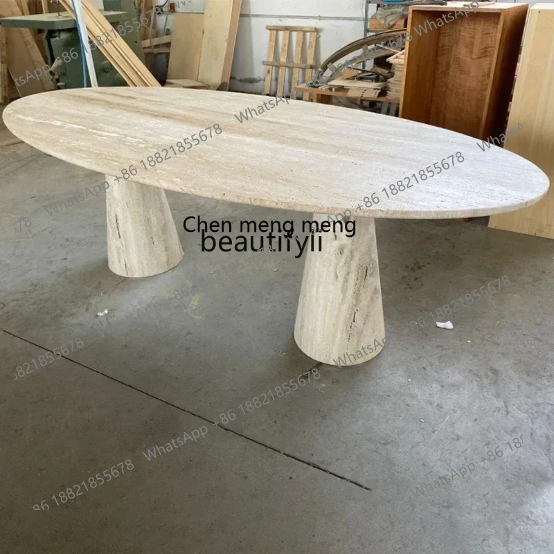 2003 Natural Cave Stone Dining Table Designer Oval Dining Room Table Silent Mild Luxury Marble Tapered Base