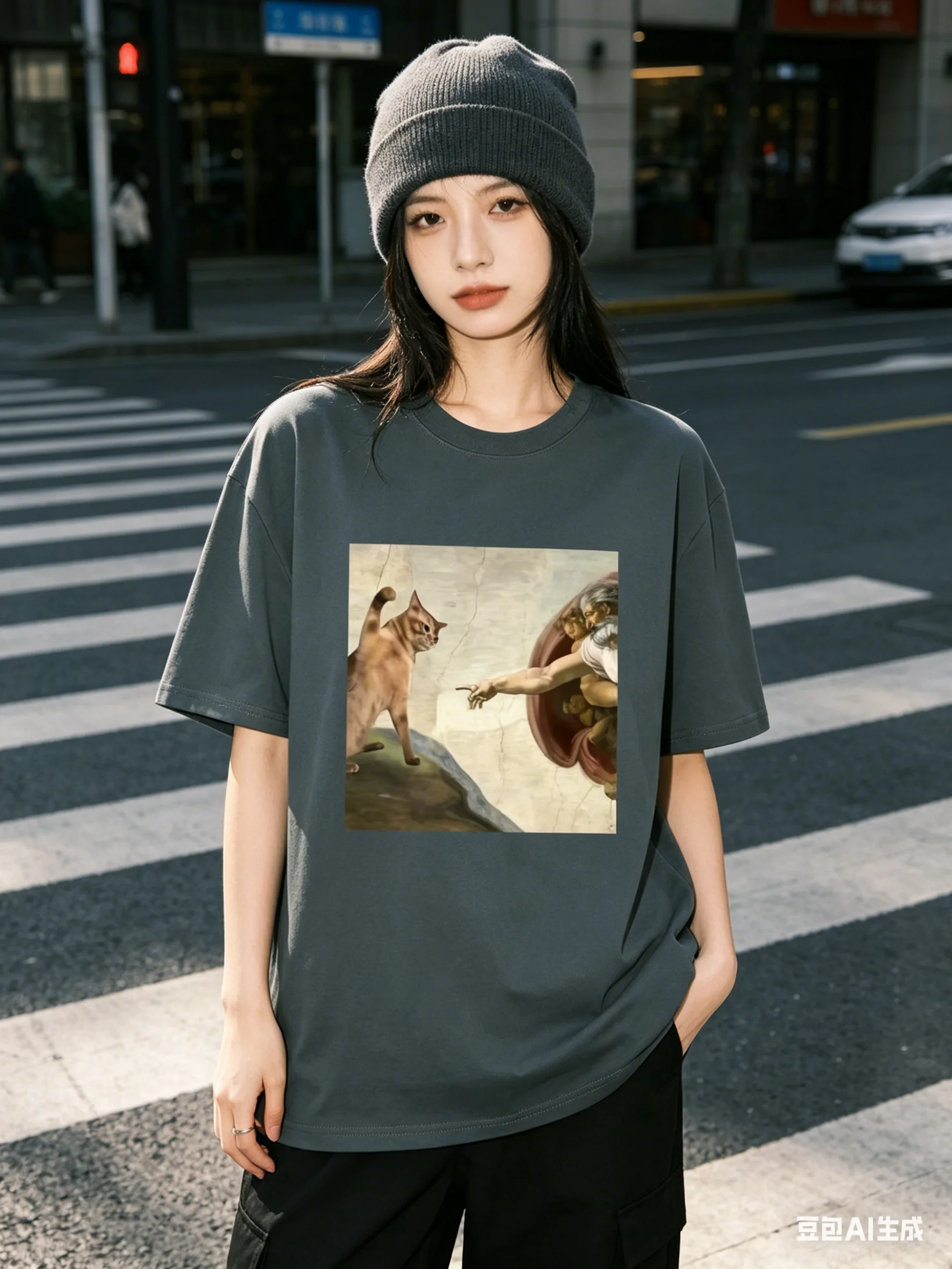 Humorous Cat and Adam Creation Parody Graphic T-Shirt Regular Fit Short Sleeve Pullover for Adult - Summer Casual Fashion Top
