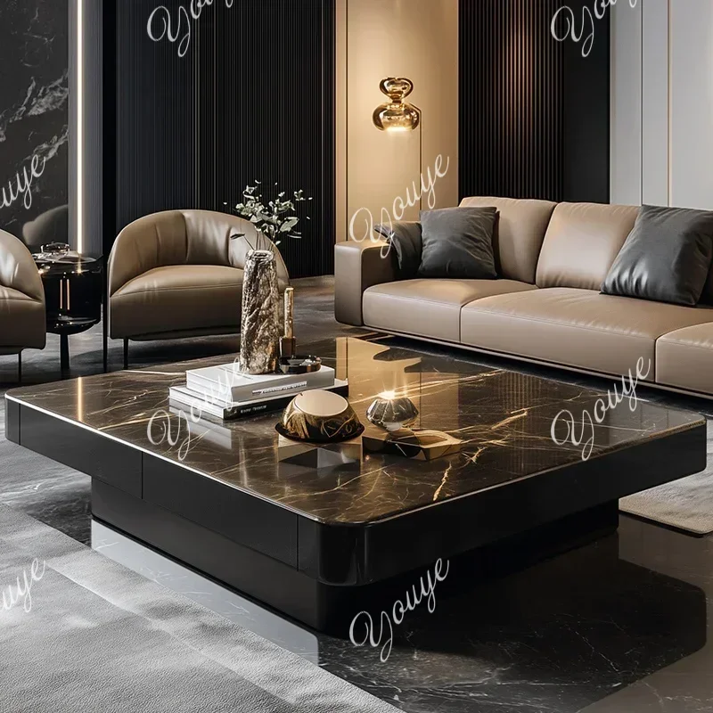 N63 CC    Light luxury Italian black coffee table heightened living room glass long coffee table supercrystalline stone table