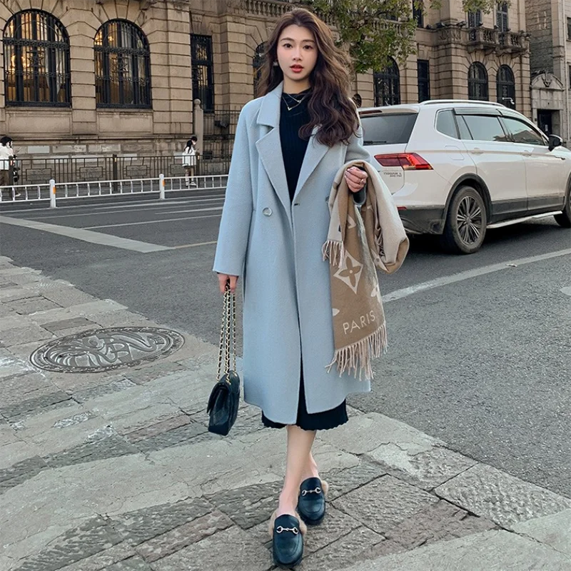 

Double-Sided Cashmere Jacket Women Overcoat 2023 Spring Autumn Wool Coat Female Outwear Loose Long Lace-UP Woolen Windbreakers