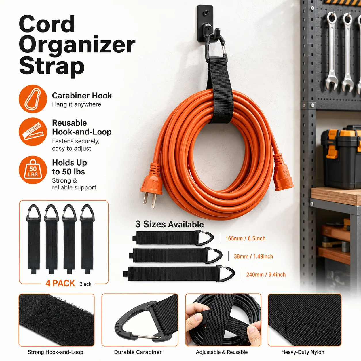 4PCS Carabiner Cable Straps Hook Loop Extension Cord Organizer Heavy Duty Cord Holder for Garage Workshop RV