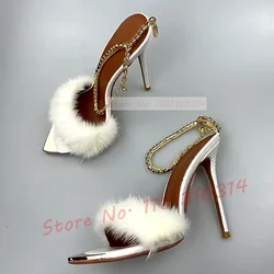 Gold Pointy Furry Crystal Wrap Sandals With High Heels Design Women Sparkly Chain White Shoes Summer Luxury Metal Toe Sandals
