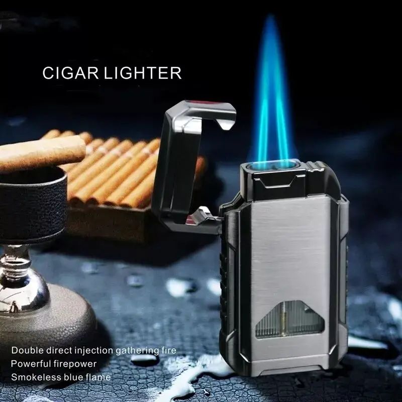 Double Turbo Torch Jet for Men, Dedicated Metal Plastic Gas Lighter, Windproof Pipe, Smoking Gadget, Cigar Gadget