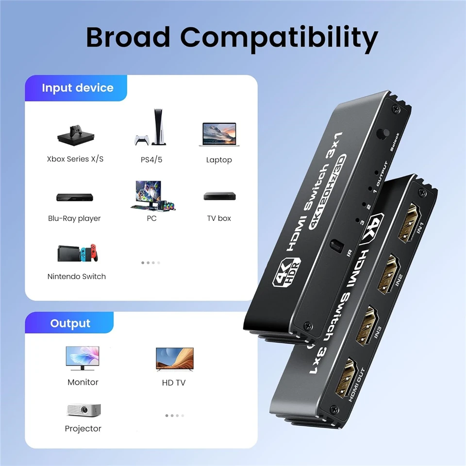 Navceker HDMI 2.1 Switcher 8K 60Hz 4K120Hz HDMI-compatible Switch 3 in 1 Out with Remote Control Converter For Xbox PS5 Monitors