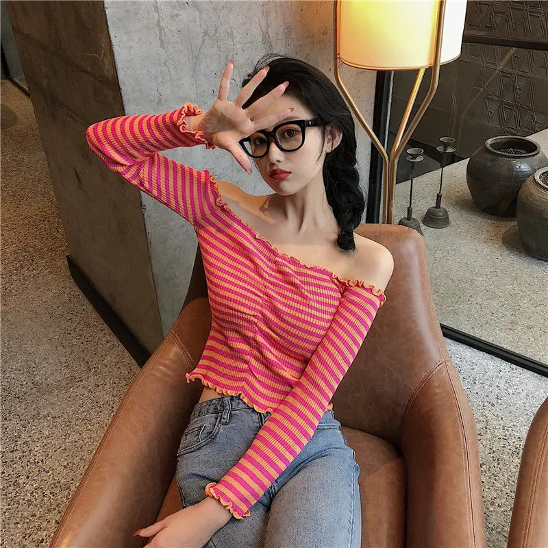 

Knit Slash Neck Sweaters Women Club Classic Crops Knitwear Lady Retro Striped Chic Slim Korean Style Hotsweet Spring Leisure Y2k