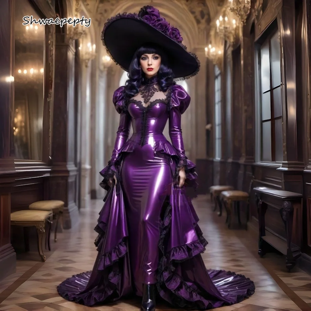 Gotisches lila PVC-Etui-Abschlussballkleid mit abnehmbarer Schleppe, Rüschen, langärmelig, Vintage-viktorianisches Abendkleid, individuelles Kostüm