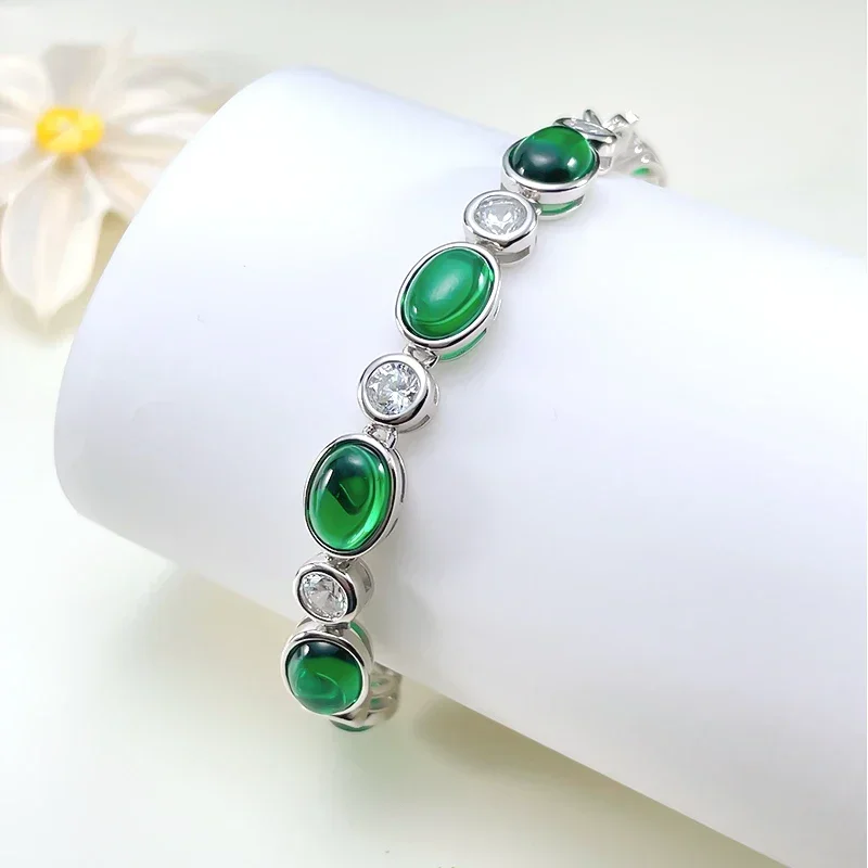 

Fashionable retro light luxury jadeite and chalcedony 925 sterling silver bracelet set with high carbon diamond wedding jewelry