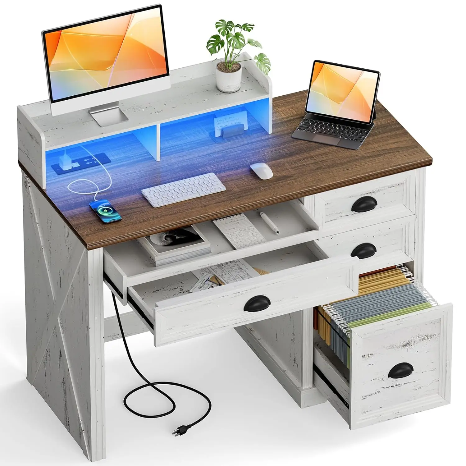 

47in Computer Desk Monitor Stand LED Power Outlets Storage Home Office Gaming Antique White, Customized