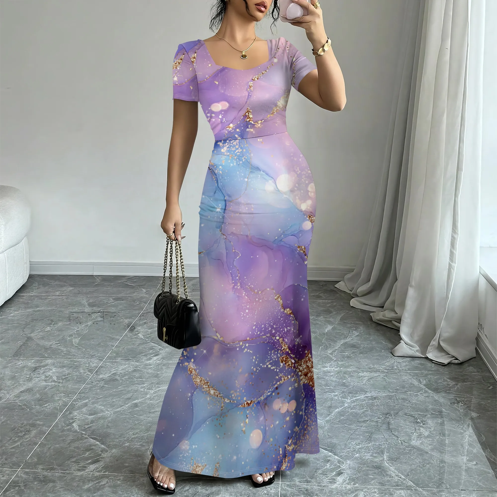 

Women’s Watercolor Floral Print Maxi Dress Elegant Short Sleeve Slim Fit Summer Wedding Guest Long Dress XS-3XL