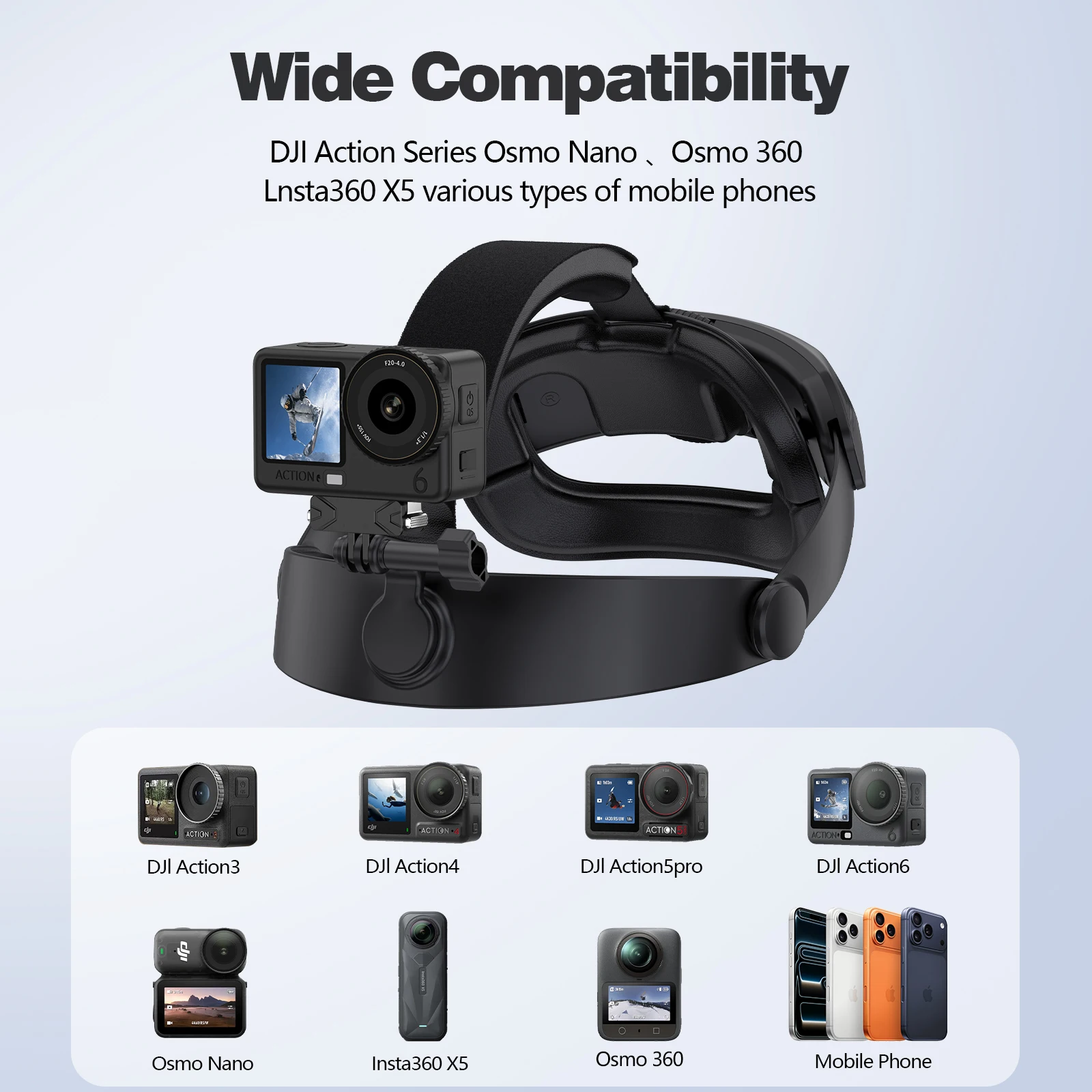 

Adjustable Head Strap Mount for DJI Action 6/5Pro/4/3, Osmo Nano/360, Insta360 X5, Phone - POV Camera Holder for Outdoor Sports