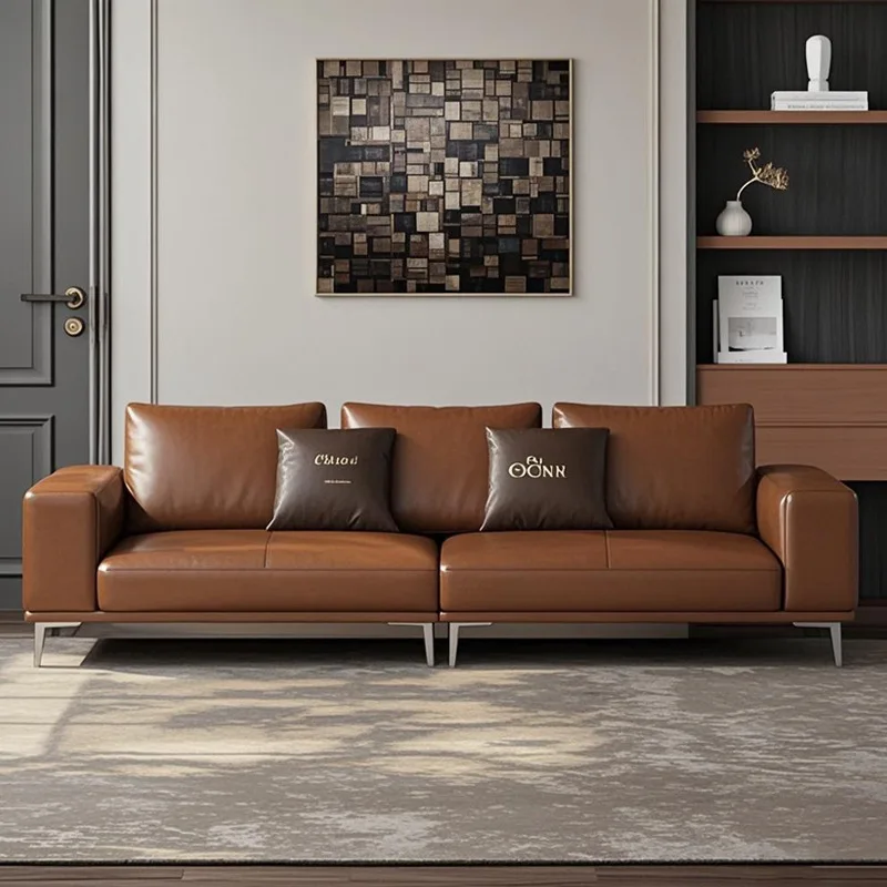 

Medieval German retro oil wax leather art straight row three or four people home living room Italian minimalist sponge sofa