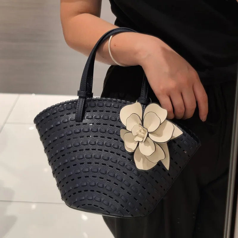 Vegetable Basket Shoulder Bags Beach Vacation Picnic Handbag Summer New Pu Leather Handheld Hollow Woven Tote Bag