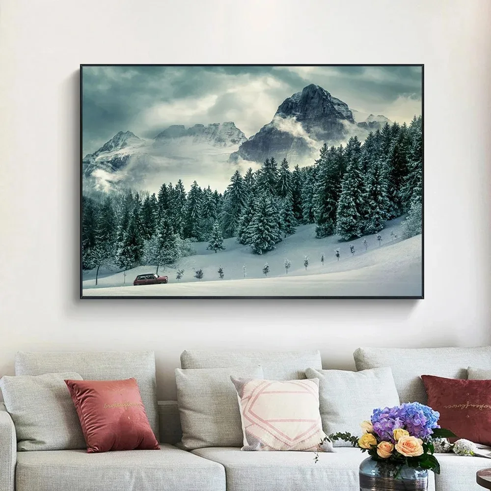 Winter Snow Landscape Pine Forest Mountain Poster Canvas Painting Nature Scenery Wall Art Pictures Home Living Room Decor