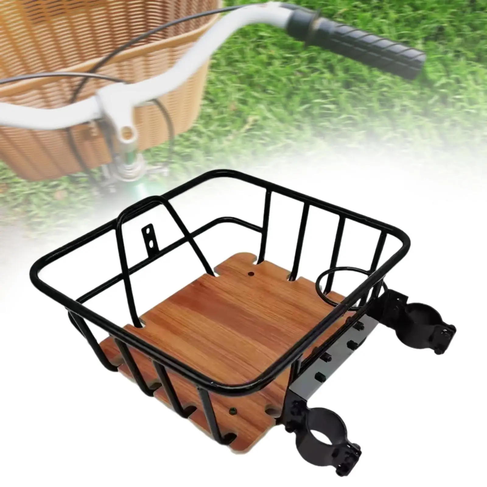 Bike Front Basket Easy Assembly Lightweight Wooden Base Iron Wire Bicycle Cargo Rack for Camping Bicycling Outdoor Biking Hiking