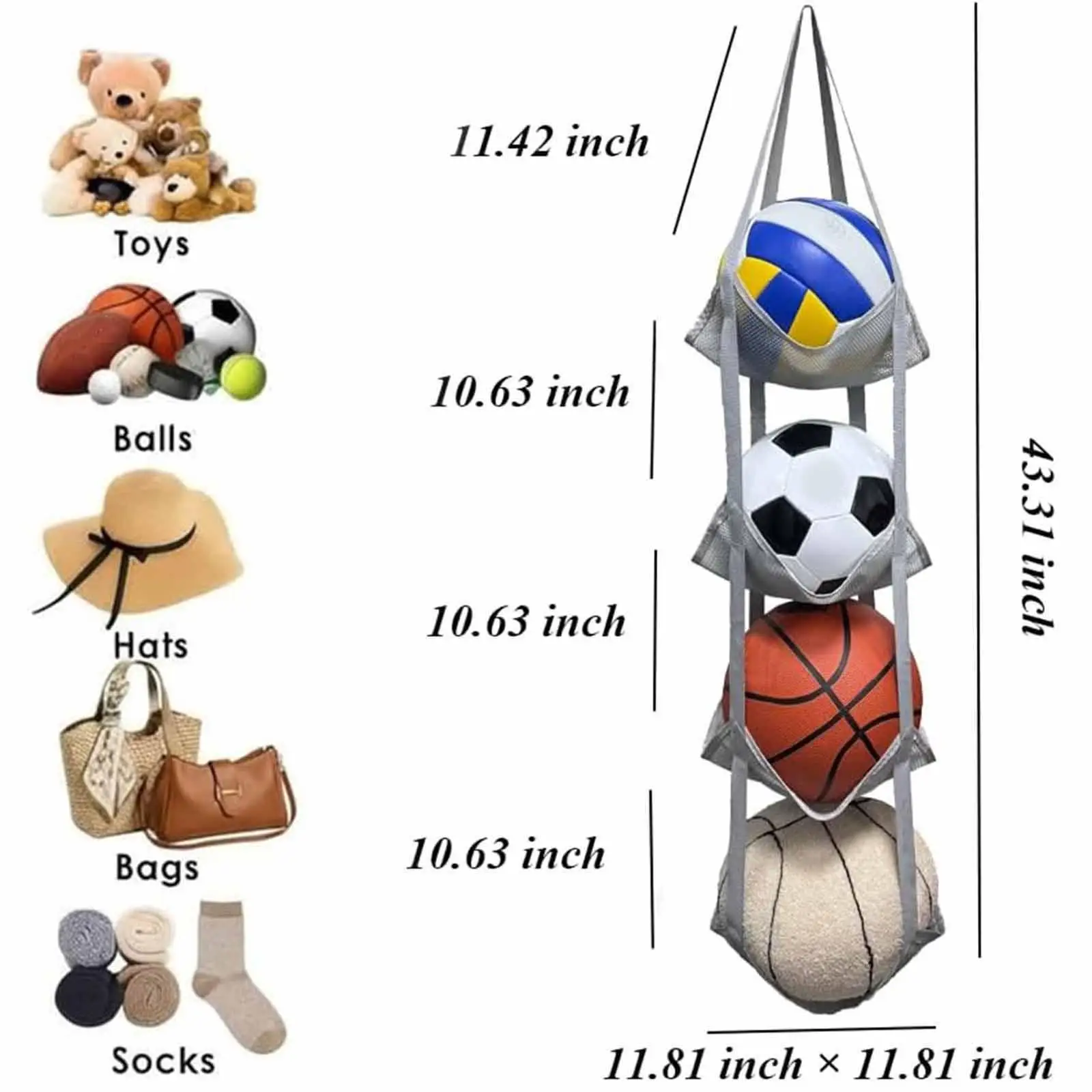 4 Tier Mesh Ball Storage Organizer Multifunctional Space Saving Display Nylon Holding Toys for Socks Playroom Garage Player Hats