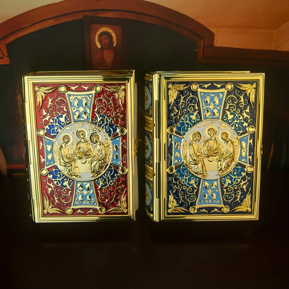 

Gold Plated Orthodox Church Gospel Book Cover with Enamel Trinity for Liturgy Home Altar Prayer Devotion Christian Gift Decor