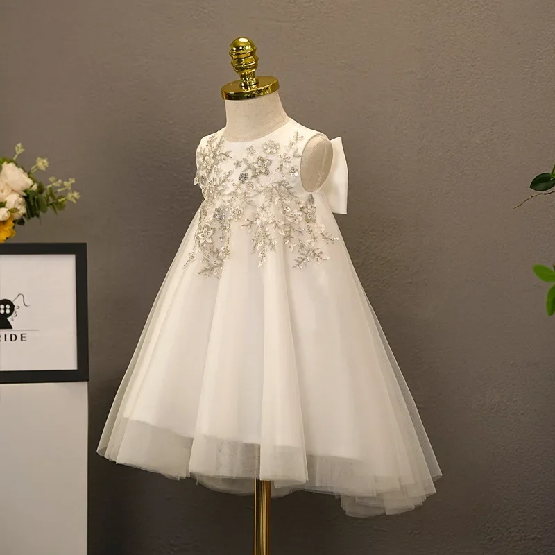 kids Flower Girl Dress for Wedding Party Toddlers Sleevess Sequined with Bow White Dresses Children Christening Outerwear