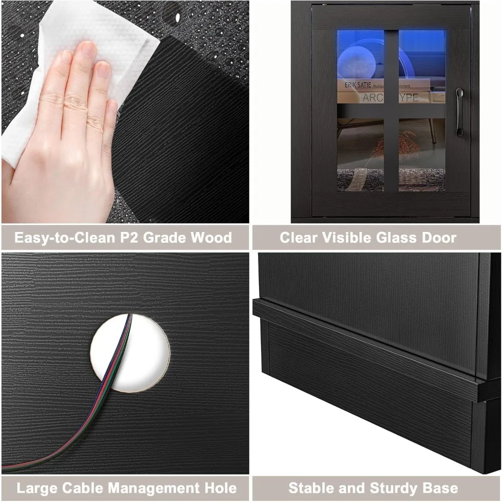 Suporte de TV para TV de 65 polegadas com tomada de energia e luz LED, armário de TV moderno de meados do século de 28,7 polegadas de altura com prateleiras ajustáveis e