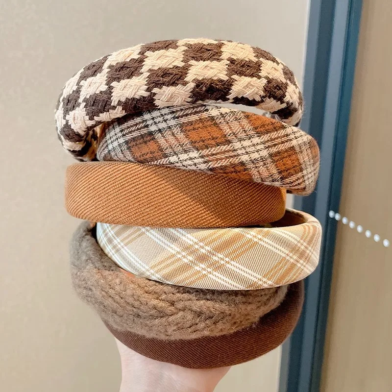 Vintage Elastic Headbands for Women Plaid Sponge Headband Wide Side Hairband Autumn and Winter Female Hair Accessories