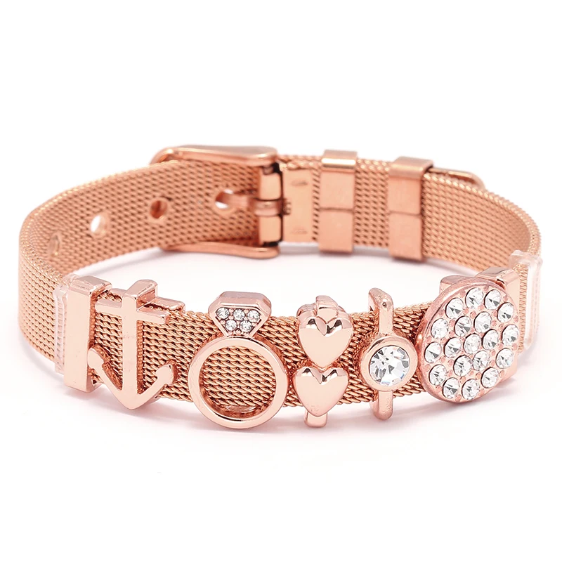 New Arrived Adjustable Stainless Steel Mesh Bracelet Shiny Crystal Bead Charms Fine Bracelet European Woman Watch Accessories