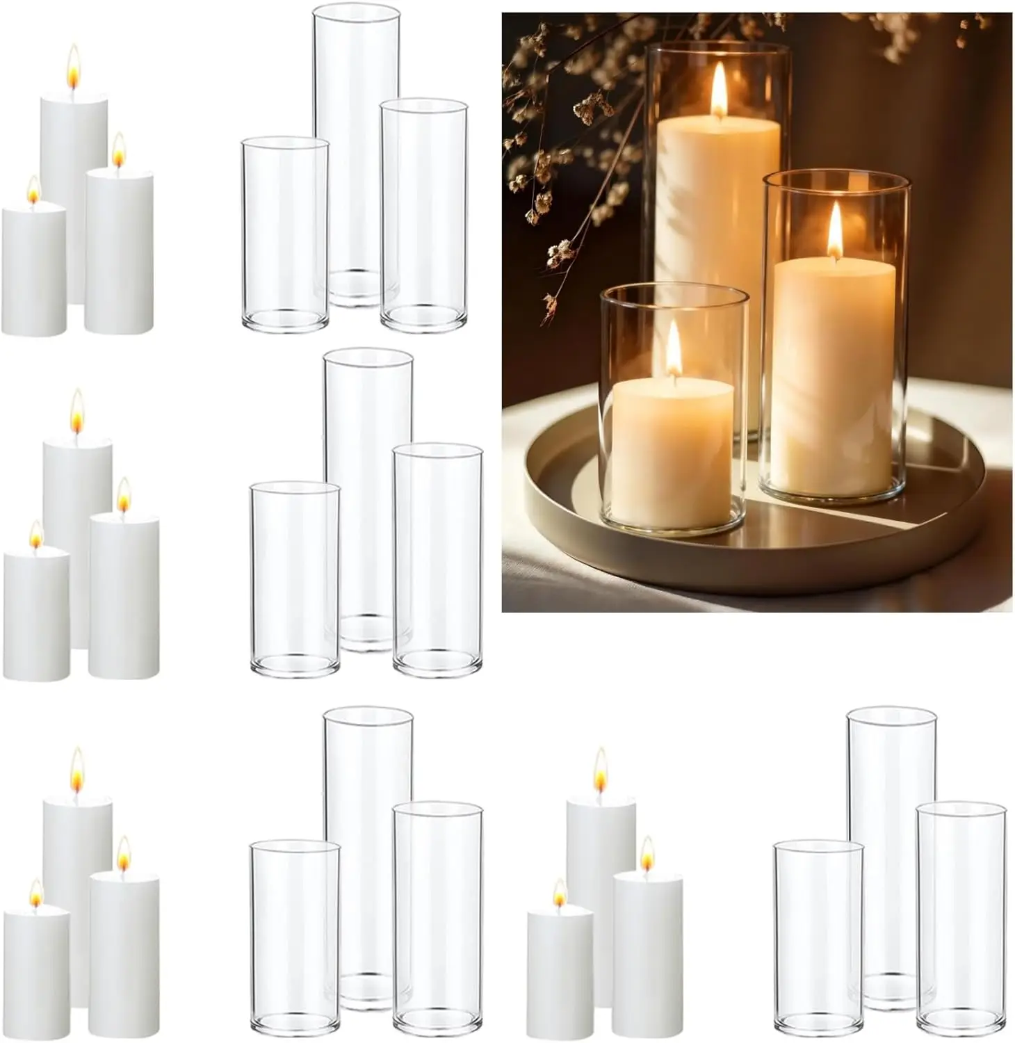 

24 PCS Pillar Candles & Glass Cylinder Vases Set, Centerpiece Decor for Wedding Party Home
