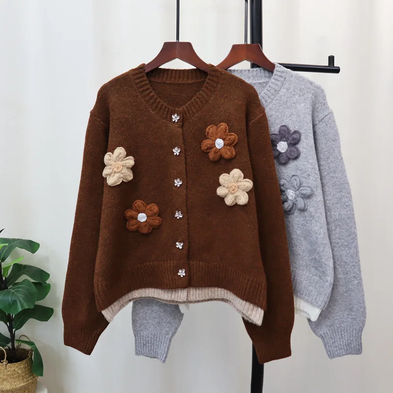 

Women Autumn Winter New 3D Flower Sweater Coat Soft Knit Cardigan