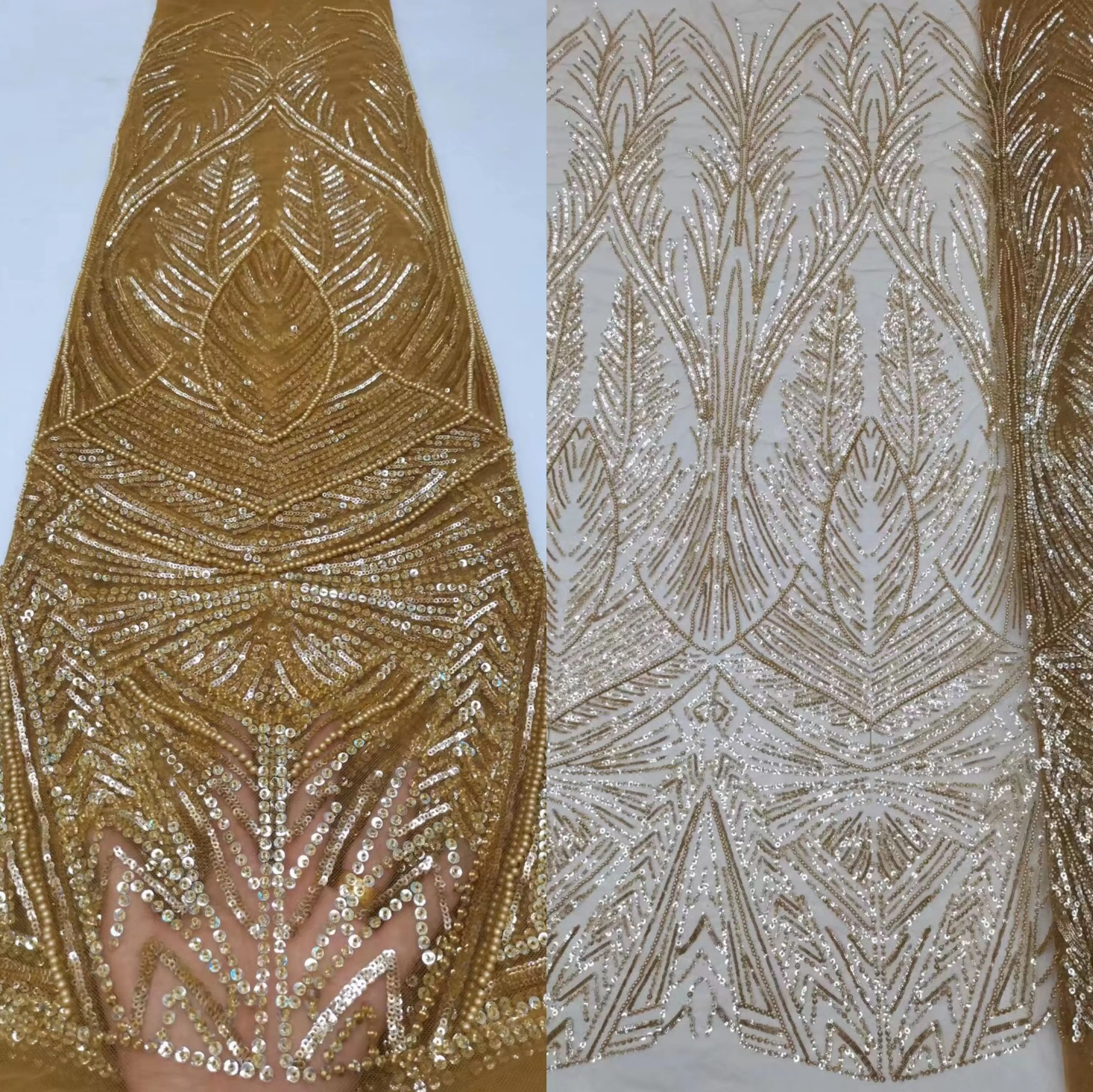 

African Lace Fabric J-13028613 High Quality beads Sequins Embroidered French Tulle Lace Fabric For Nigerian Wedding