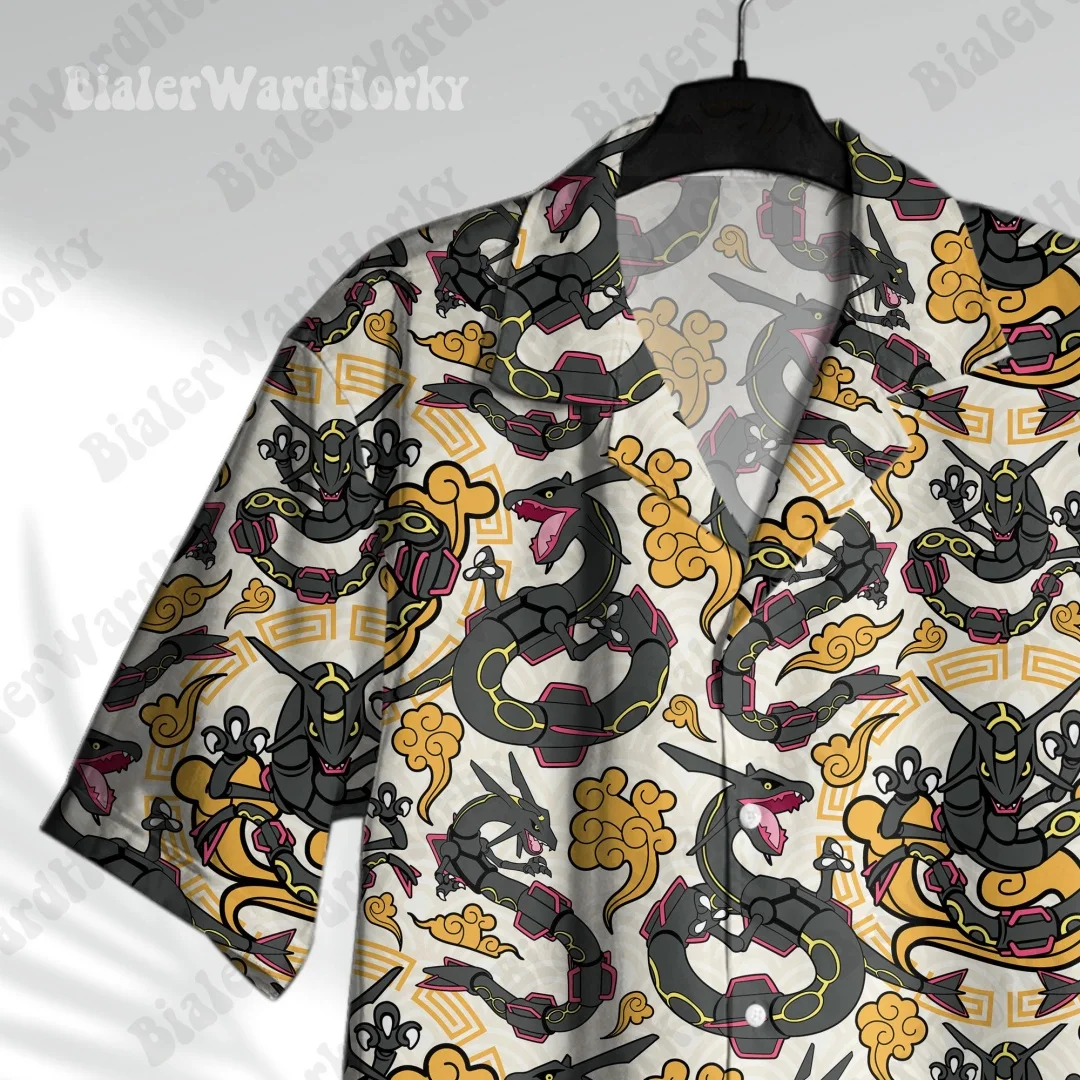 Shiny Rayquaza Hawaiian Shirt Pokémon Anime Shiny Rayquaz Button Shirt Summer Leisure Men's T-Shirt Clothing Tee Woman ﻿