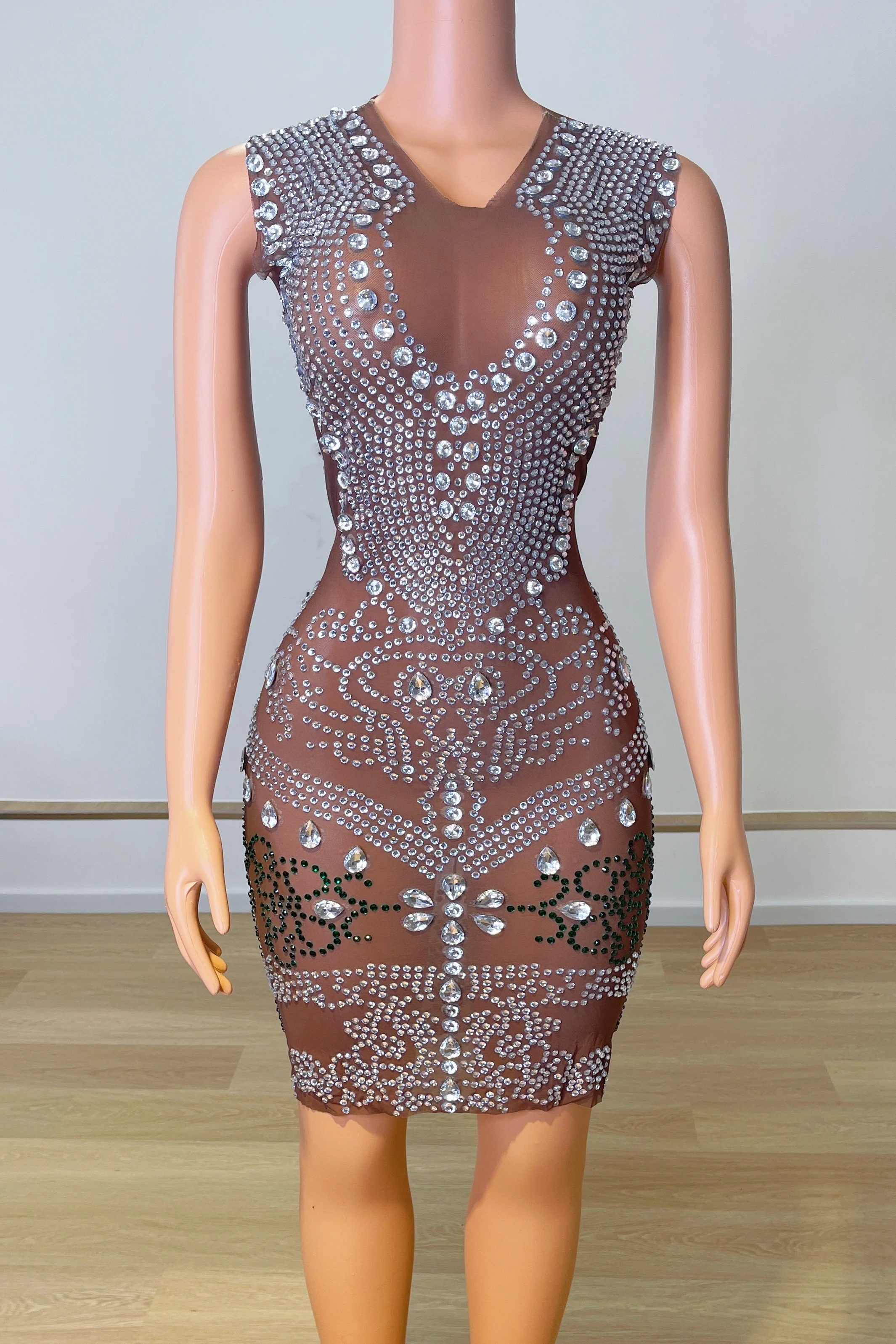 

Nightclub stage shiny silver rhinestone brown mesh dress sleeveless see-through outfit party dance female singer performance