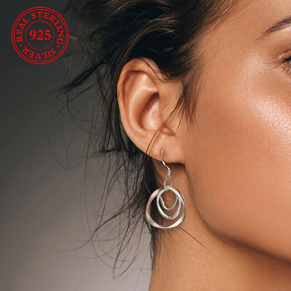 Stylish 925 Sterling Silver Exquisite Three-Ring Teardrop Earrings for Women, Elegant Jewelry, Wedding Accessories