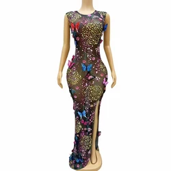 Sexy Stage Shining Colourful Rhinestones Butterflies Mesh Dress Women Birthday Evening Red Carpet Photoshoot Gown Costume