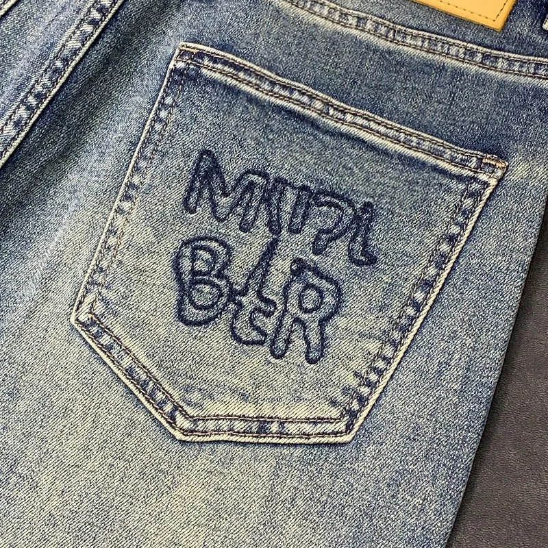 2025 New Simple Design Scratched Simple Jeans Men's Embroidered Loose Casual Heavy Weight Denim Pants