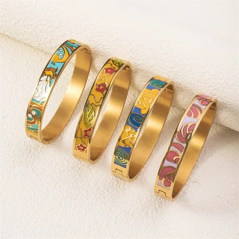 Trendy Stainless Steel Ethnic Flower Bracelet for Women Charm Colorful Enamel Wrist Waterproof Bangles Bracelets Jewelry