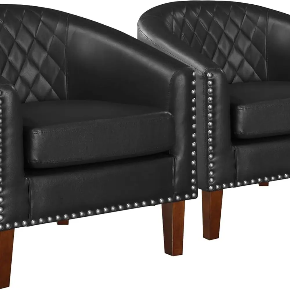 

Пара стульев с акцентом из искусственной кожи — клубные стулья с ромбовидной прошивкой и подушками, отделка гвоздями, подходят для гостиных, офисов