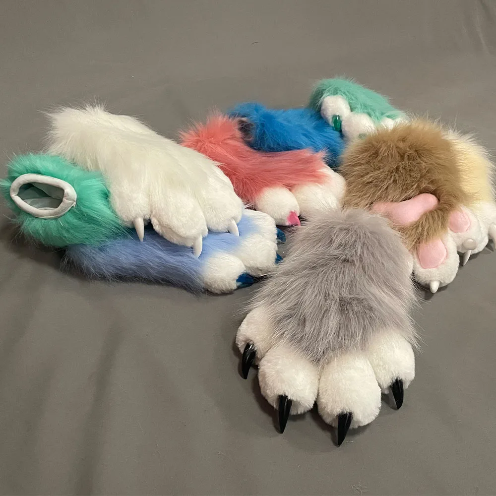 Furry Cat Claw Gloves Fursuit Animal Fox Paws Mittens Halloween Cosplay Costume Accessories for Adult Performance Props Kid Gift