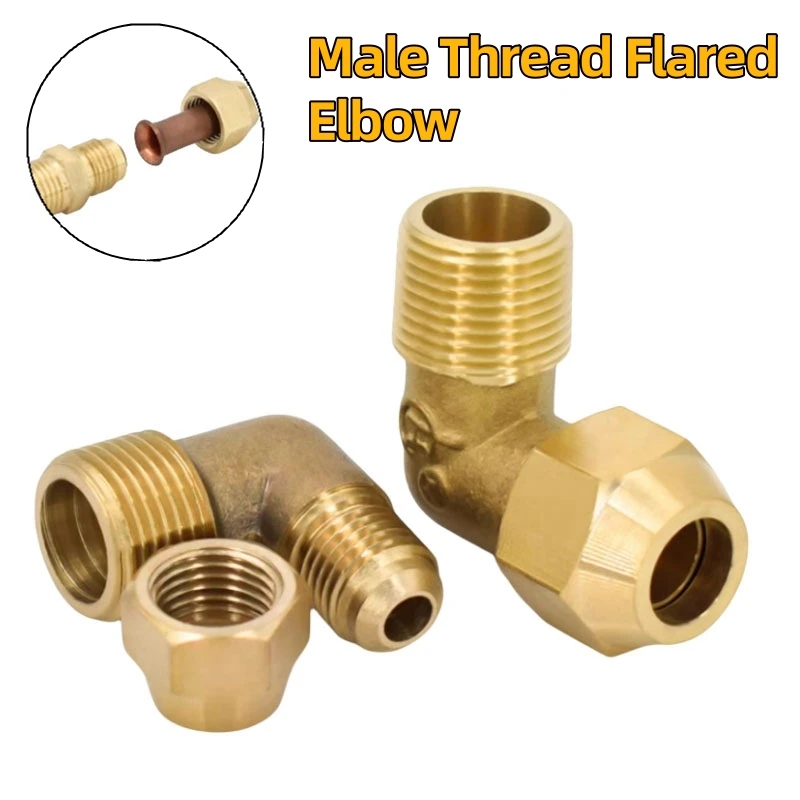 Flared Brass 90° Elbow Pipe Fittings 1/8 1/4 3/8 1/2 Male Thread Brass Joint Air Conditioning Extension Tool Connector Adapter