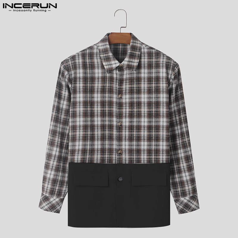 Fashion Casual Style Tops INCERUN New Men\'s Plaid Splicing Design Suit Coats Handsome Male Loose Long Sleeved Blazer S-5XL 2024